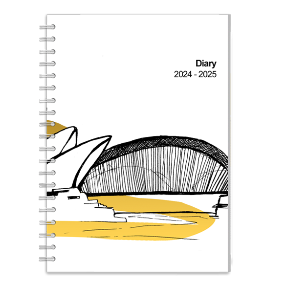 Personalised diary with a cover featuring hand drawn look Sydney cityscape inculding opera house