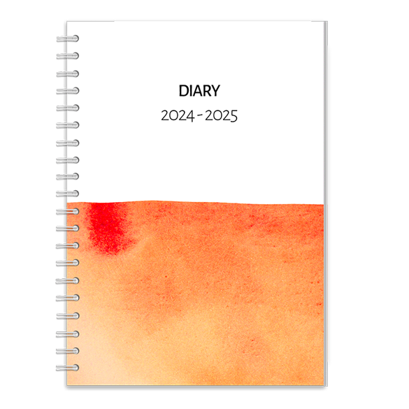 Minimalist appoinment diary 2025-2026. White with black text with orange colourwash cover.