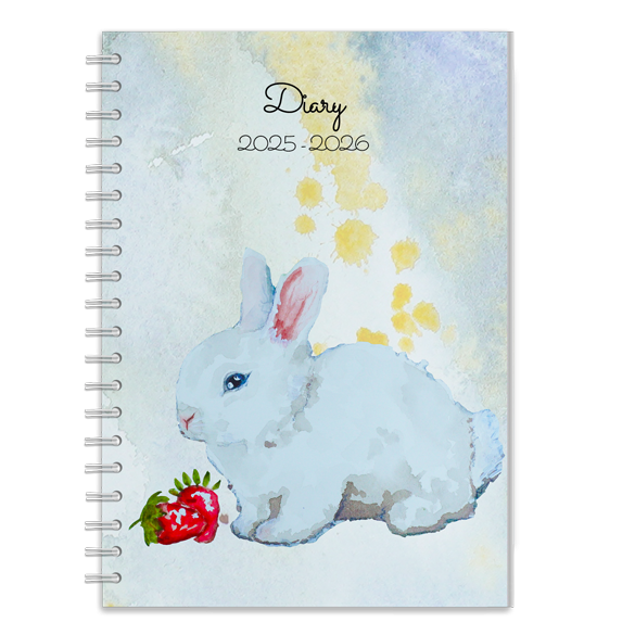 Personalised diary with a cover featuring watercolour bunny eating & strawberry