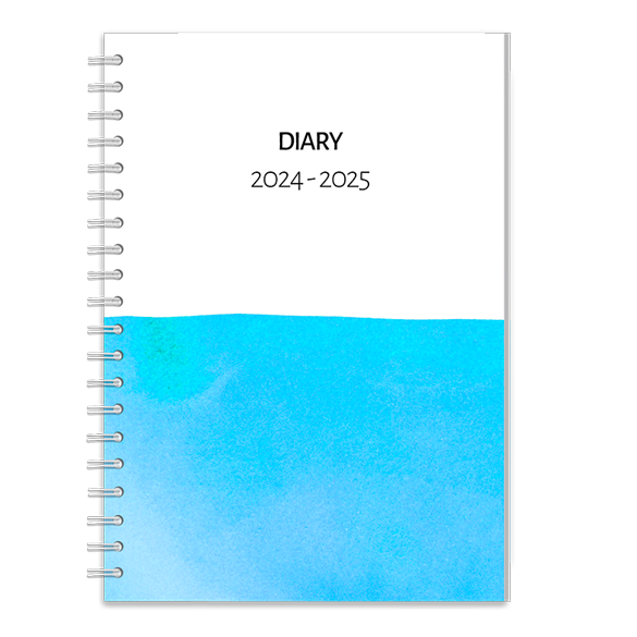 Minimalist planner 2024-2025. White with black text with aqua colourwash cover.