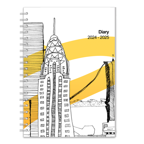 Personalised diary with a cover featuringh and drawn look New York cityscape inculding the Chrysler building