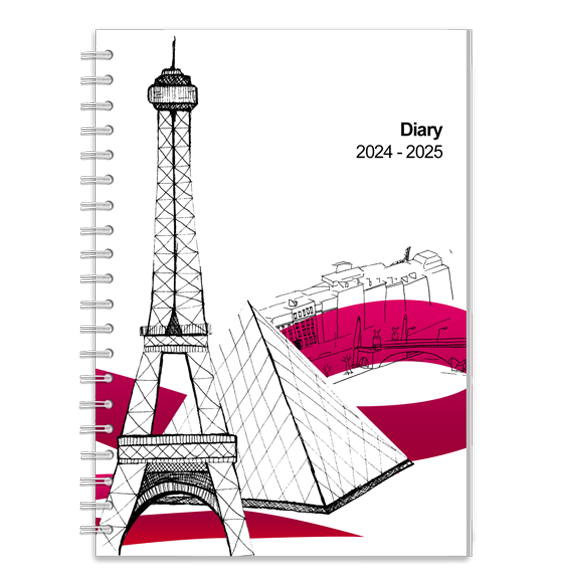 Personalised diary with a cover featuring hand drawn look Paris cityscape inculding the Eiffel Tower